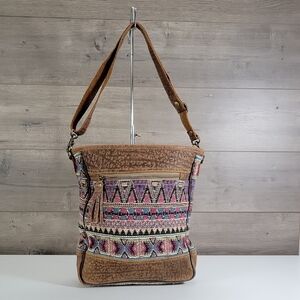 Myra Bag Boho Tapestry Leather Crossbody Bag in Brown and Multicolor